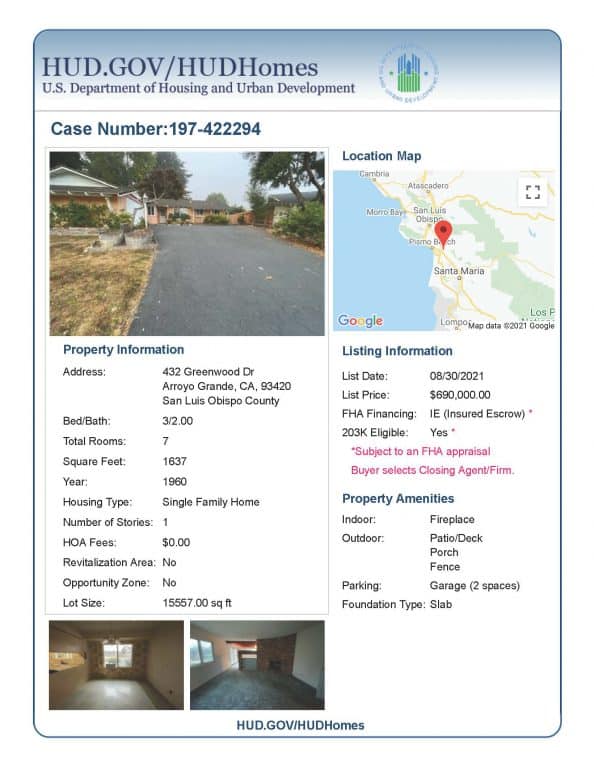 432 Greenwood Arroyo Grande, CA, 93420 San Luis Obispo County HUD Home For Sale FHA Case # 197-422294
